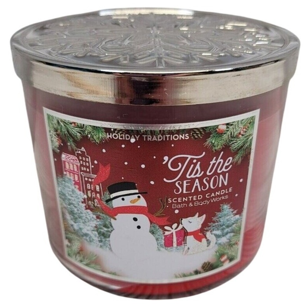 Bath Body Works Tis the Season 3 Wick Candle Red Holiday Snowman 14.5oz
